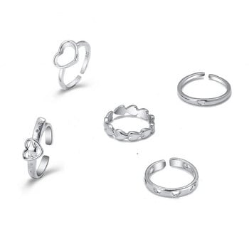 Нов моден комплект пръстени с кухи сърца 5PCS Елегантен винтидж регулируем дамски пръст за момичета Сладък любовен бижу Подарък за сватбено парти