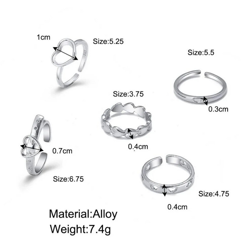Uus moodne õõnsa südamega sõrmuste komplekt, 5 tk. Elegantne vintage reguleeritav naiste sõrm, armas, armas, ehe, pulmapeo kingitus