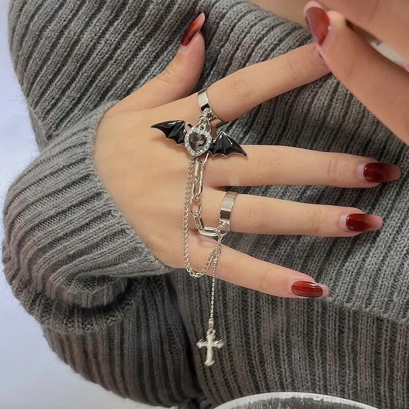 Punk gooti must nahkhiire tiibrist ketisõrmused meestele naistele hiphop kristallist südameristi ebakorrapärased topeltsõrmusõrmused ehted