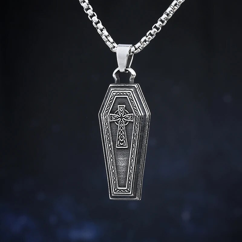 Χονδρική τιμή Punk Rock από ανοξείδωτο ατσάλι γοτθικό φέρετρο με κρεμαστό κολιέ σταυρού με αλυσίδα για ανδρικό πάρτι/Δώρο αποκριών