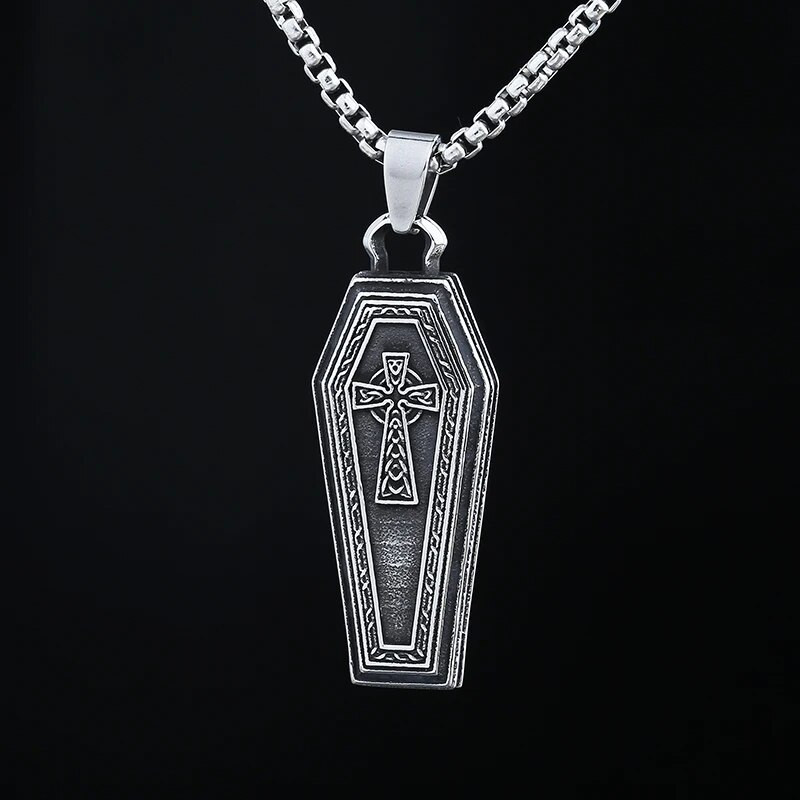 Χονδρική τιμή Punk Rock από ανοξείδωτο ατσάλι γοτθικό φέρετρο με κρεμαστό κολιέ σταυρού με αλυσίδα για ανδρικό πάρτι/Δώρο αποκριών