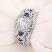 Huitan 3Pcs Σετ δαχτυλίδια Πολυτελή αξεσουάρ γάμου Princess Λευκό/Μπλε CZ Νέα μόδα Γυναικεία αξεσουάρ Κοσμήματα αρραβώνων