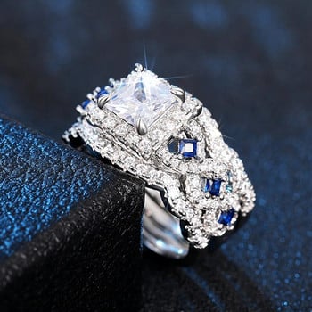 Huitan 3Pcs Σετ δαχτυλίδια Πολυτελή αξεσουάρ γάμου Princess Λευκό/Μπλε CZ Νέα μόδα Γυναικεία αξεσουάρ Κοσμήματα αρραβώνων