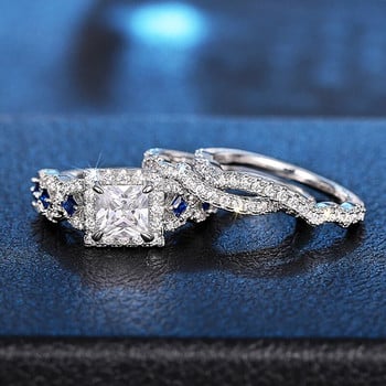 Huitan 3Pcs Σετ δαχτυλίδια Πολυτελή αξεσουάρ γάμου Princess Λευκό/Μπλε CZ Νέα μόδα Γυναικεία αξεσουάρ Κοσμήματα αρραβώνων