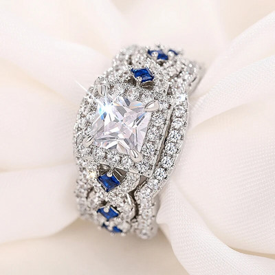 Huitan 3Pcs Σετ δαχτυλίδια Πολυτελή αξεσουάρ γάμου Princess Λευκό/Μπλε CZ Νέα μόδα Γυναικεία αξεσουάρ Κοσμήματα αρραβώνων
