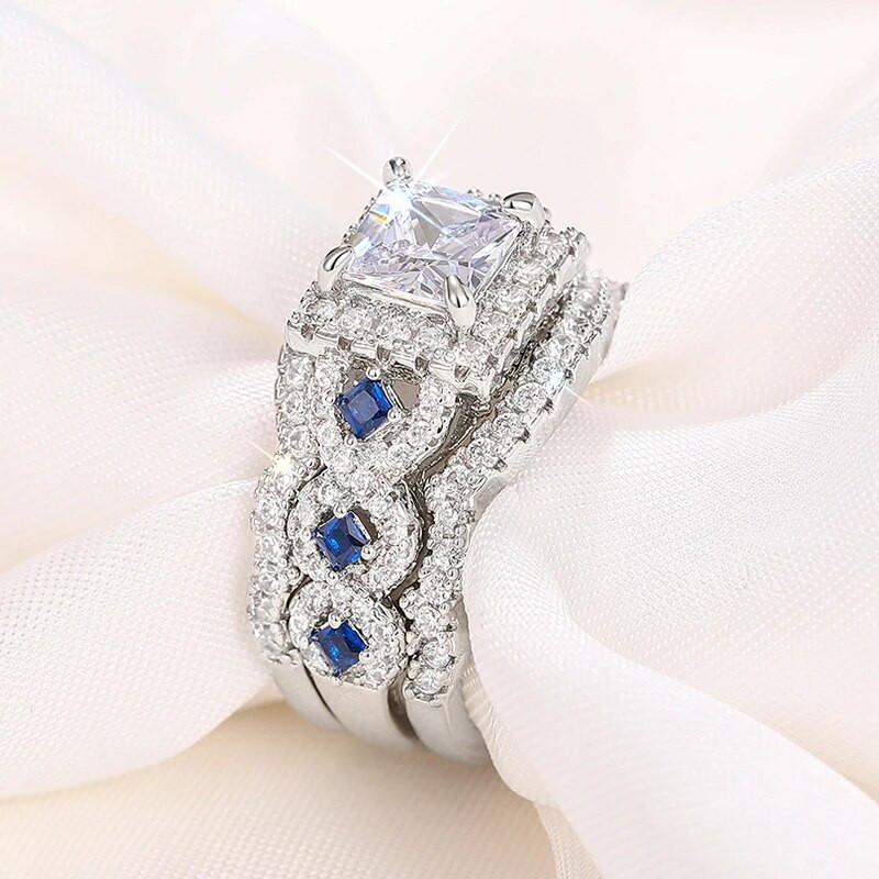 Huitan 3Pcs Σετ δαχτυλίδια Πολυτελή αξεσουάρ γάμου Princess Λευκό/Μπλε CZ Νέα μόδα Γυναικεία αξεσουάρ Κοσμήματα αρραβώνων