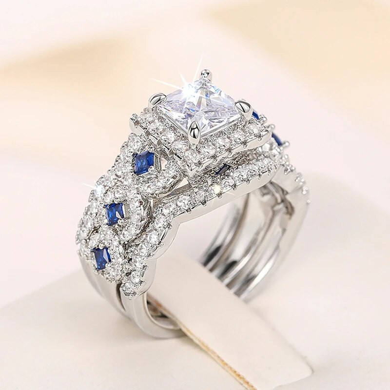 Huitan 3Pcs Σετ δαχτυλίδια Πολυτελή αξεσουάρ γάμου Princess Λευκό/Μπλε CZ Νέα μόδα Γυναικεία αξεσουάρ Κοσμήματα αρραβώνων