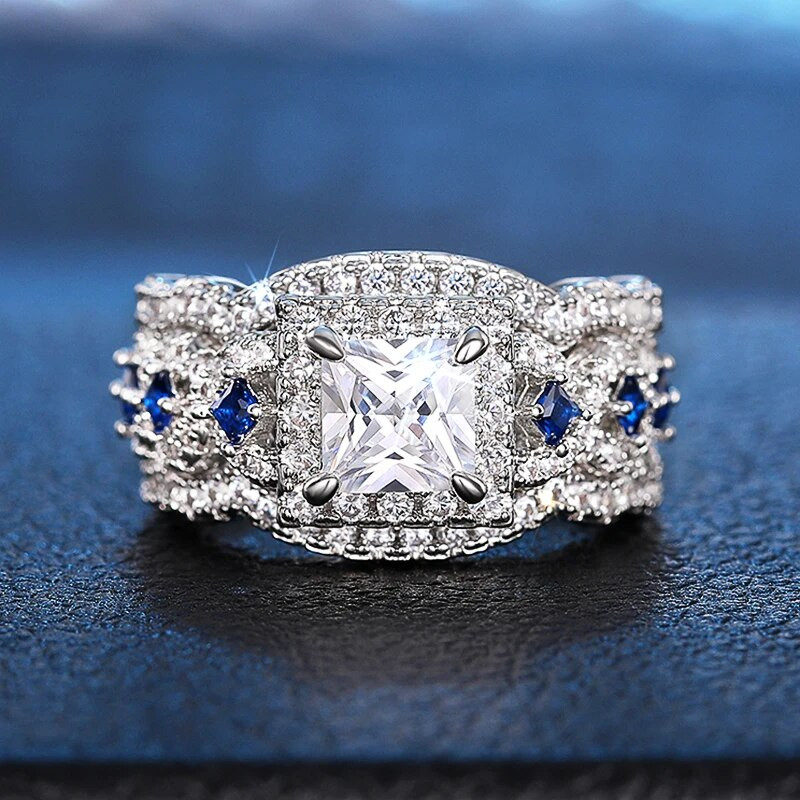 Huitan 3Pcs Σετ δαχτυλίδια Πολυτελή αξεσουάρ γάμου Princess Λευκό/Μπλε CZ Νέα μόδα Γυναικεία αξεσουάρ Κοσμήματα αρραβώνων