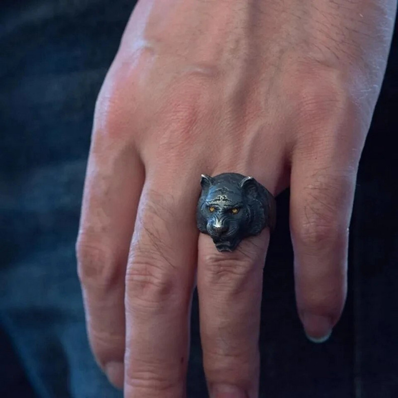Meeste klassikaline täiskasvanud võluv avatud sõrmus, domineeriv ja äge metsaline, musta värvi karutiigri moeaksessuaaride sõrmus