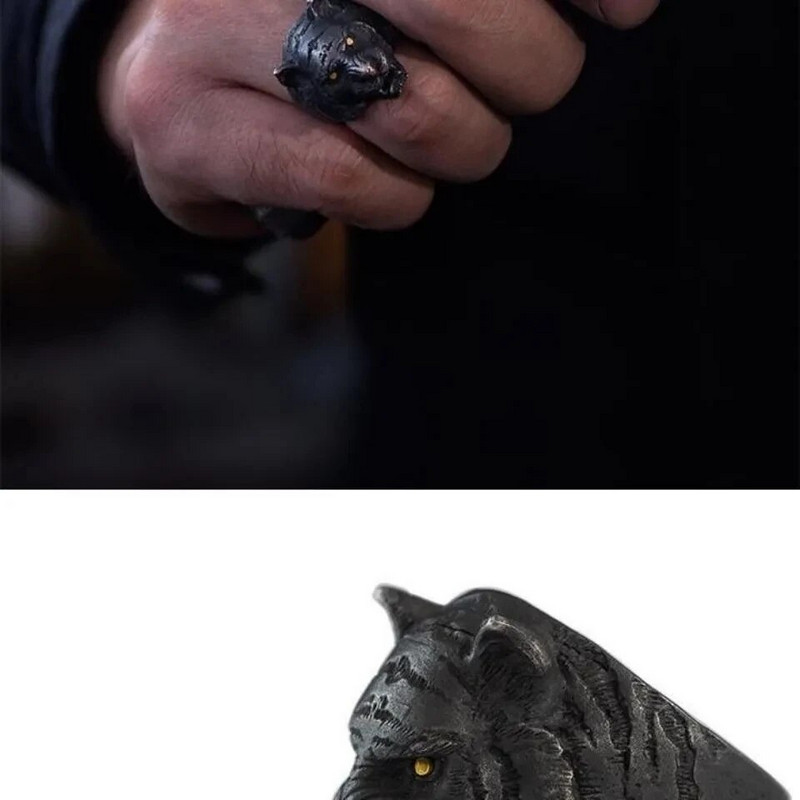 Meeste klassikaline täiskasvanud võluv avatud sõrmus, domineeriv ja äge metsaline, musta värvi karutiigri moeaksessuaaride sõrmus