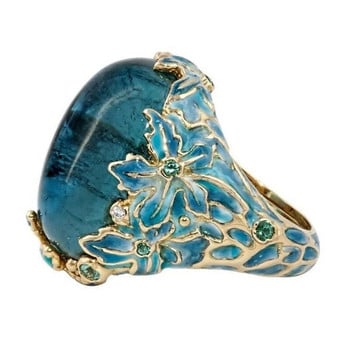 Елегантни дамски модни златни цветни резбовани емайлирани пръстени с цветя за жени, творчество, инкрустиран син камък, годежен пръстен, бижута
