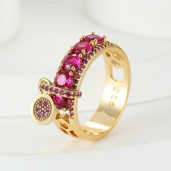 Луксозни женски сватбени пръстени с розов червен камък за жени Годежни бижута Сладък розов циркон Кръгъл висящ пръстен Подаръци за Коледа