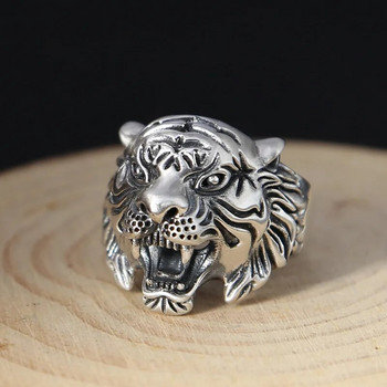 Οι ασημένιες χειροτεχνίες της Ταϊλάνδης υπερβάλλουν τα κυρίαρχα ανδρικά δαχτυλίδια με κεφάλι τίγρης vintage μόδας πανκ στυλ Κοσμήματα συμποσίου υψηλής ποιότητας