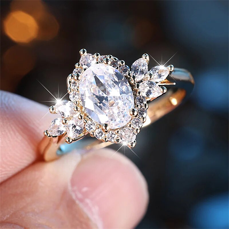 Luksuslikud lillelised pulmapaelad ovaalsed valged tsirkoonist lubadus kihlasõrmused naistele kullavärvi emadepäevapeo ehted kingitused