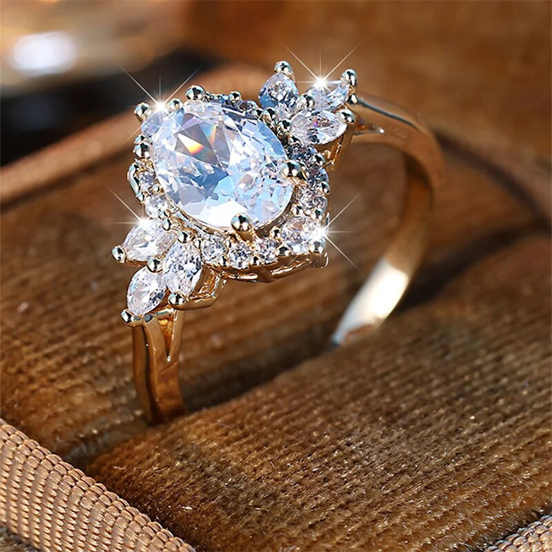 Luksuslikud lillelised pulmapaelad ovaalsed valged tsirkoonist lubadus kihlasõrmused naistele kullavärvi emadepäevapeo ehted kingitused