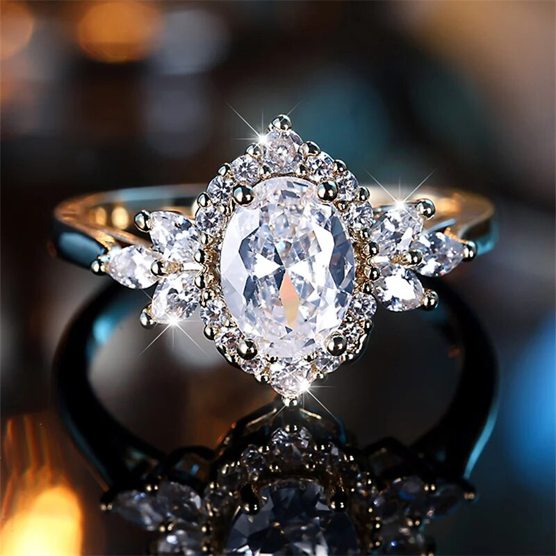 Luksuslikud lillelised pulmapaelad ovaalsed valged tsirkoonist lubadus kihlasõrmused naistele kullavärvi emadepäevapeo ehted kingitused