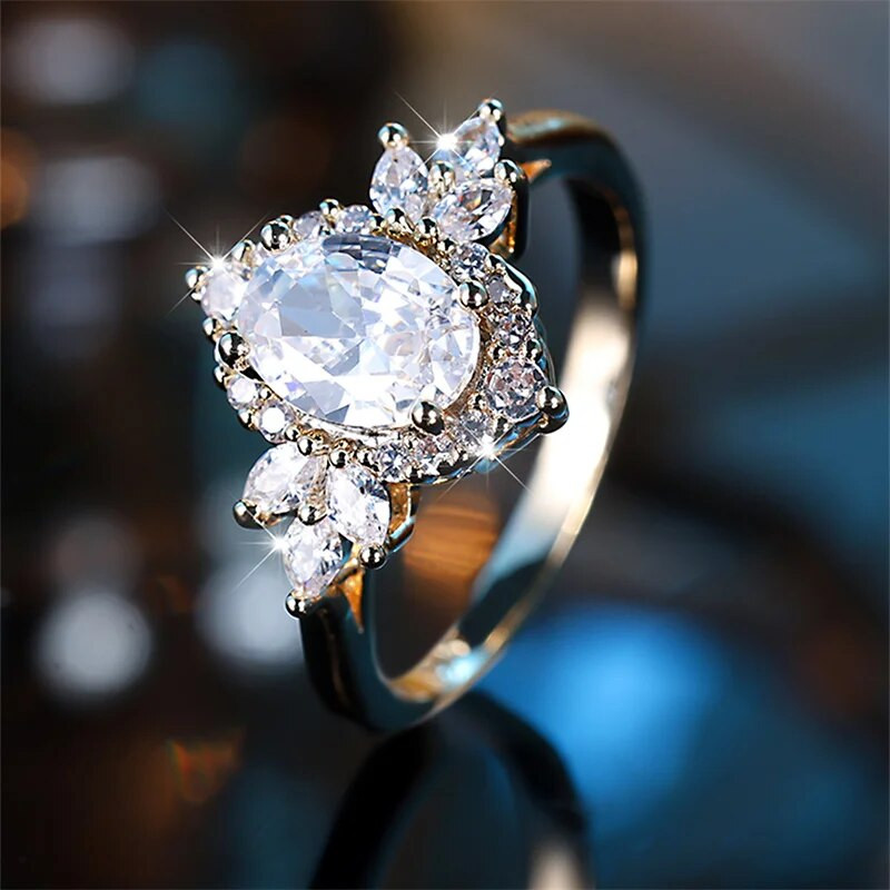 Luksuslikud lillelised pulmapaelad ovaalsed valged tsirkoonist lubadus kihlasõrmused naistele kullavärvi emadepäevapeo ehted kingitused