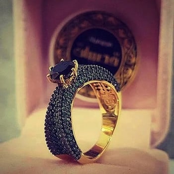Луксозен позлатен комплект Пръстени с черен камък Дамски годежен сватбен пръстен със зелен камък Бижута