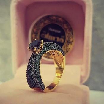 Луксозен позлатен комплект Пръстени с черен камък Дамски годежен сватбен пръстен със зелен камък Бижута