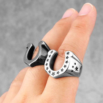 Подкова U-образна звезда Черни мъжки пръстени от неръждаема стомана Пънк хип-хоп за мъжко гадже Байкър Бижута Творчество Подарък на едро