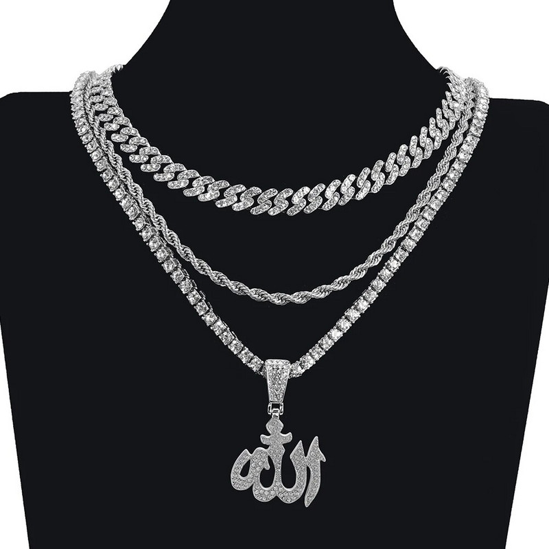 Islami moslemi ripats Kaelakee Iced Out 4mm Tennis Link ketiga Religioossed Aksessuaarid Ehted Meestele Naised Mood Hip Hop Gi