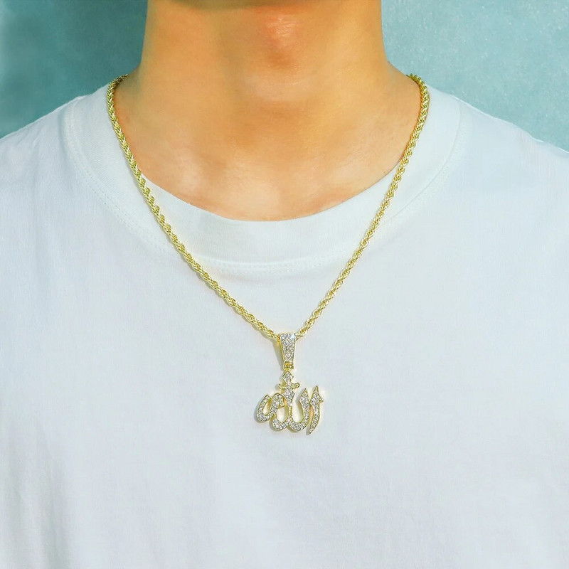 Iced Out Islam Μουσουλμανικό κρεμαστό κολιέ με αλυσίδα σχοινιού 4 χιλιοστών Θρησκευτικά κομψά αξεσουάρ Κοσμήματα Hip Hop για άνδρες Γυναικεία