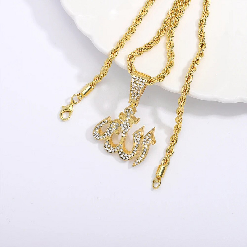 Iced Out Islam Μουσουλμανικό κρεμαστό κολιέ με αλυσίδα σχοινιού 4 χιλιοστών Θρησκευτικά κομψά αξεσουάρ Κοσμήματα Hip Hop για άνδρες Γυναικεία