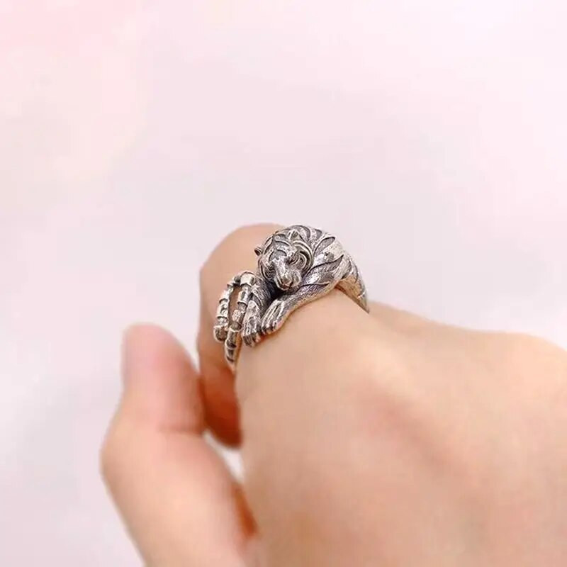 Sīva tīģera regulējams atvēršanas gredzens vīriešiem un sievietēm Vintage punk Senais zelts Senais sudraba krāsa Dzīvnieku rotaslietas dāvanu vairumtirdzniecība