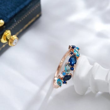 Kinel Νέο 585 ροζ χρυσό δαχτυλίδι για γυναίκες Πολυτελές μπλε φυσικό φύλλο ζιργκόν Ethnic κοσμήματα γάμου καθημερινά αξεσουάρ για πάρτι