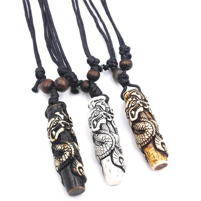Cool Dragon Necklace Imitation Yak Bone Carved Chinese Dragon Totem Charms Pendant Necklace Amulet Gift Jewelry