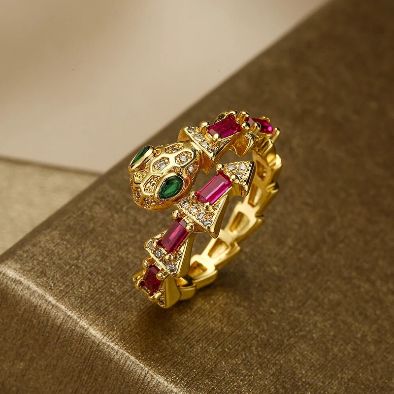 NEWBUY Modes sarkans/zaļš/balts CZ cirkona bruģakmens čūsku gredzeni sievietēm, atvērta dizaina regulējami pirkstu aksesuāri