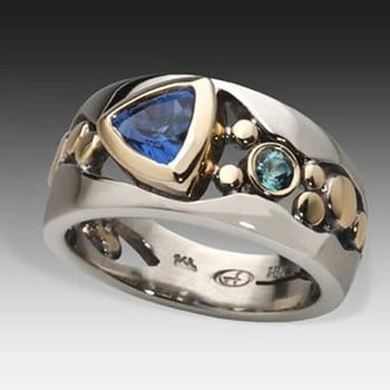 κομψό γυναικείο δαχτυλίδι μόδας σε ασημί και χρυσό χρώμα Hollow Out Ένθετα μπλε πέτρινα δαχτυλίδια αρραβώνων για γυναίκες Γαμήλια κοσμήματα