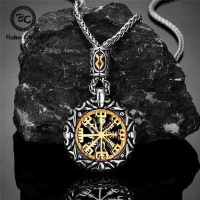 Retro vīriešu skandināvu rūnu krelles kompasa kaklarota zelta krāsā, dobi saules piekariņi no nerūsējošā tērauda Vegvisir amulets vīriešu vikingu rotaslietas