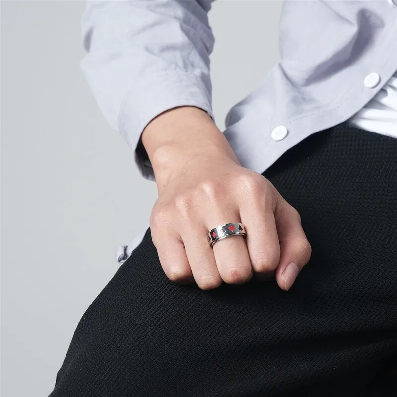 ZORCVENS 8 mm zlato srebrna boja rotirajući prsten od nehrđajućeg čelika za muškarce punk vintage sretna igraća karta za poker muški dodaci