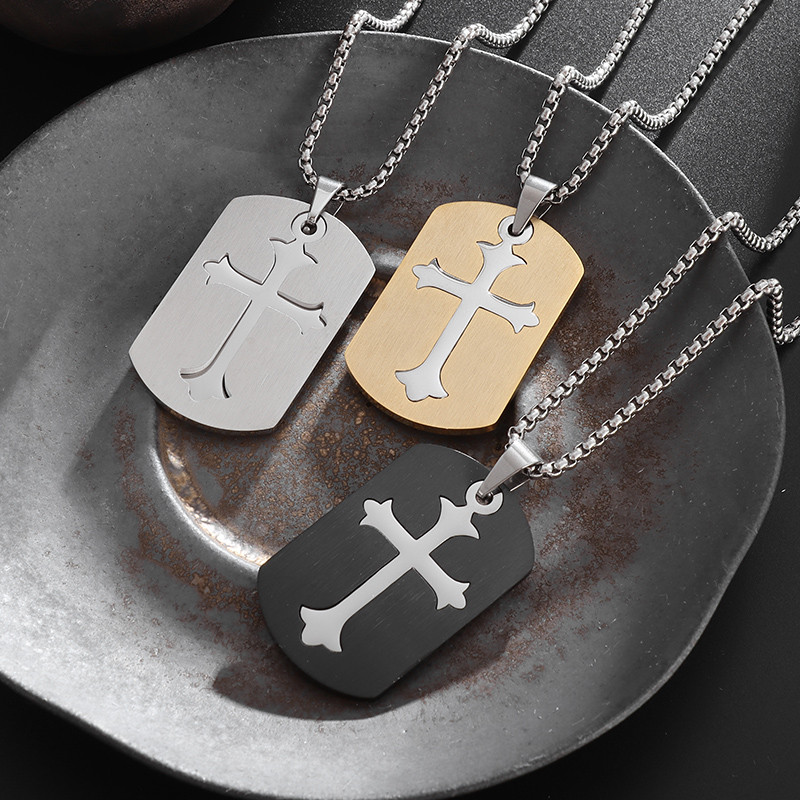 Κρεμαστό κολιέ από ανοξείδωτο ατσάλι με διπλό σταυρό με ετικέτα σκύλου για άντρες Punk Hip Hop Trend φυλαχτό Κοσμήματα μόδας Casual δώρο