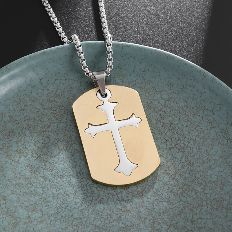 Κρεμαστό κολιέ από ανοξείδωτο ατσάλι με διπλό σταυρό με ετικέτα σκύλου για άντρες Punk Hip Hop Trend φυλαχτό Κοσμήματα μόδας Casual δώρο