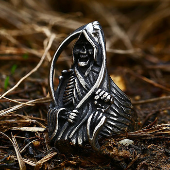 Винтидж уникален пръстен с череп на Grim Reaper за мъже Готически пръстени с череп на смъртта от неръждаема стомана 316L Cool Domineering бижута на едро
