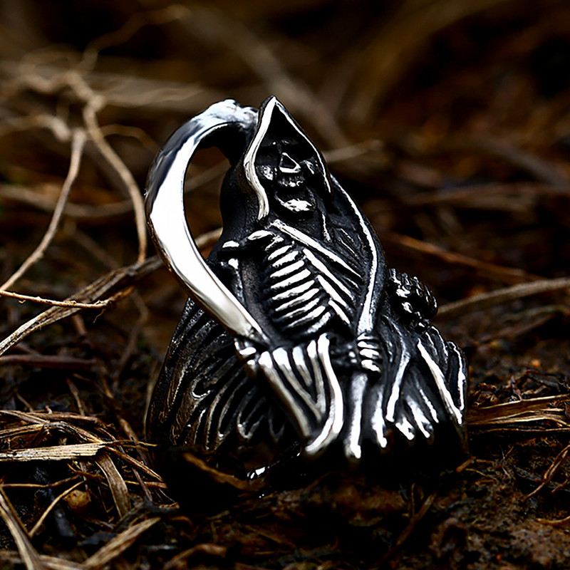 Inel unic de epocă cu craniu Grim Reaper pentru bărbați, inele gotice din oțel inoxidabil 316L, cu craniul morții, bijuterii cool dominatoare, vânzare cu ridicata