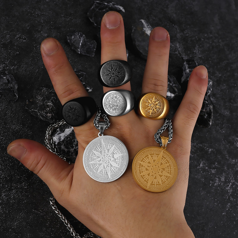 Kompass Pasaules karte Melns vīriešu gredzens panks hiphops vienkāršs nerūsējošā tērauda vīriešu gredzenu aksesuāri rotaslietas radošas dāvanas vairumtirdzniecība