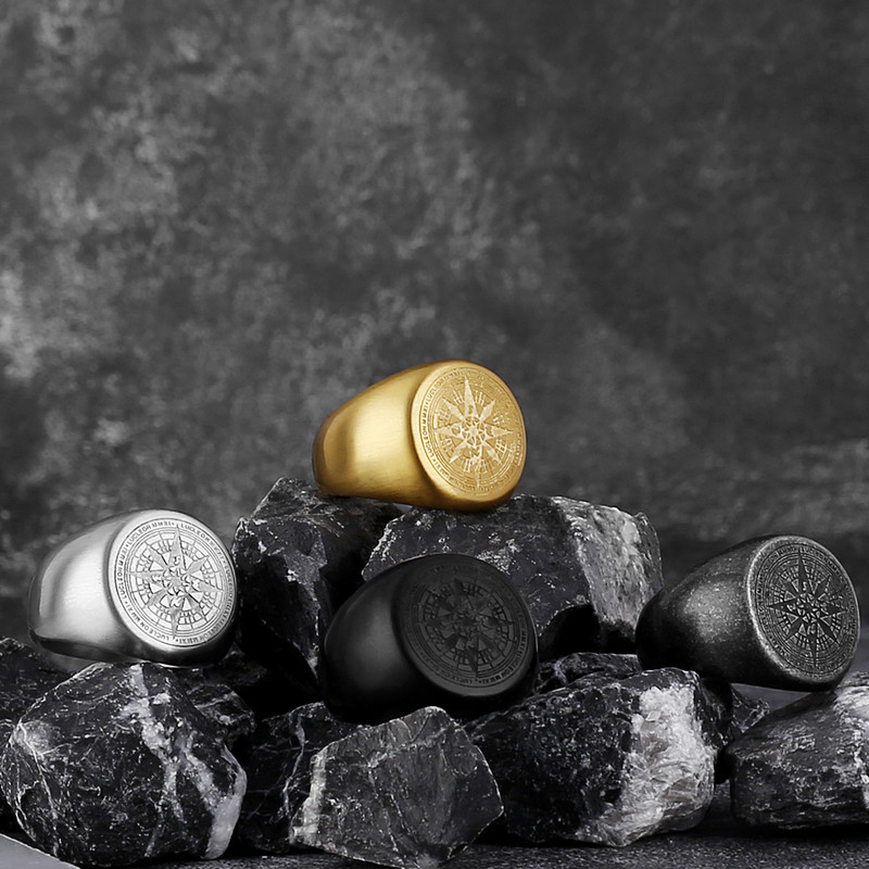 Kompass Pasaules karte Melns vīriešu gredzens panks hiphops vienkāršs nerūsējošā tērauda vīriešu gredzenu aksesuāri rotaslietas radošas dāvanas vairumtirdzniecība