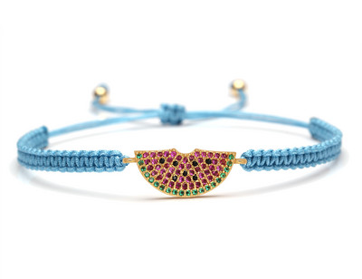 Kuubikujuline tsirkooniumoksiid CZ messingist arbuusi võlukäevõru, naiste tüdrukute punase nööriga makraamne ruutsõlm, reguleeritav puuviljast ehted