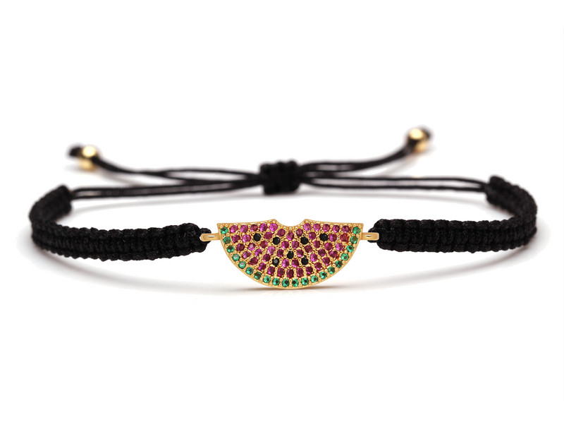 Kuubikujuline tsirkooniumoksiid CZ messingist arbuusi võlukäevõru, naiste tüdrukute punase nööriga makraamne ruutsõlm, reguleeritav puuviljast ehted