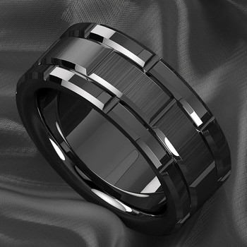 Μόδα 8mm Δαχτυλίδια από τούβλο από ανοξείδωτο ατσάλι για άντρες Μαύρα βουρτσισμένα Double Groove Ανδρικά δαχτυλίδια αρραβώνων Κοσμήματα μπάντας γάμου