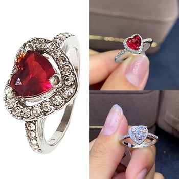 Обикновени класически сребърни годежни пръстени със сърце Дамски бял червен CZ камък Инкрустация Деликатес Модни бижута Подарък за сватбено парти