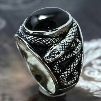 Пънк пръстен с черен скъпоценен камък за мъже Винтидж бижута Древен сребърен цвят Кръст Змия Издълбан метален овален пръстен с циркон Подарък