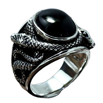 Пънк пръстен с черен скъпоценен камък за мъже Винтидж бижута Древен сребърен цвят Кръст Змия Издълбан метален овален пръстен с циркон Подарък