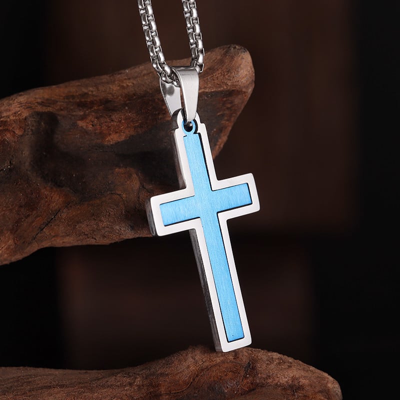 Vīriešu sieviešu klasiskā nerūsējošā tērauda vienkārša zila krusta kaklarota Jēzus kristiešu lūgšanu amuleta rotaslietas