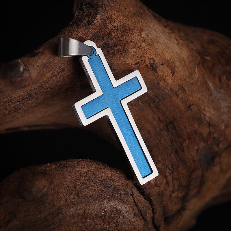 Vīriešu sieviešu klasiskā nerūsējošā tērauda vienkārša zila krusta kaklarota Jēzus kristiešu lūgšanu amuleta rotaslietas