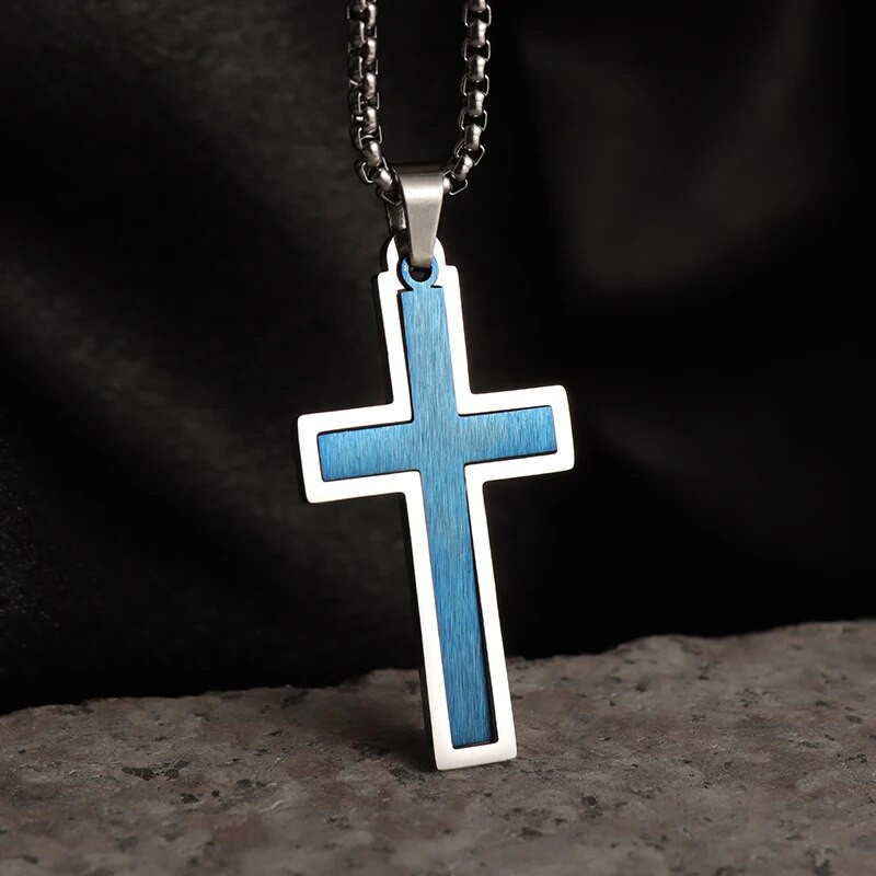 Vīriešu sieviešu klasiskā nerūsējošā tērauda vienkārša zila krusta kaklarota Jēzus kristiešu lūgšanu amuleta rotaslietas