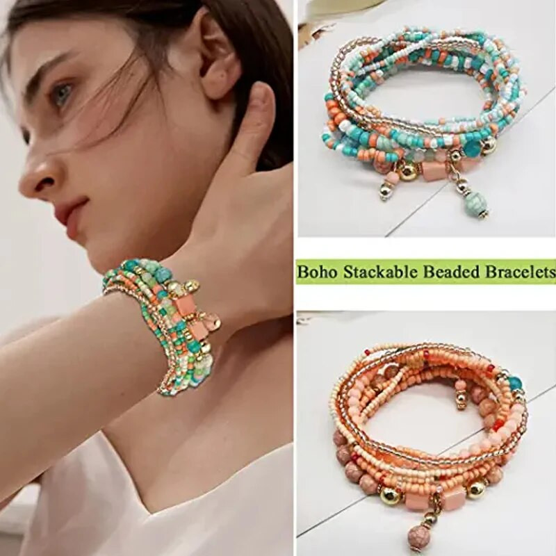 8 tk/komplekt Bohemian käsitööna valmistatud helmestest käevõrude komplekt naiste suvine värviline helmeskett käevõru Käevõru tüdrukutele Boho ehted aksessuaarid